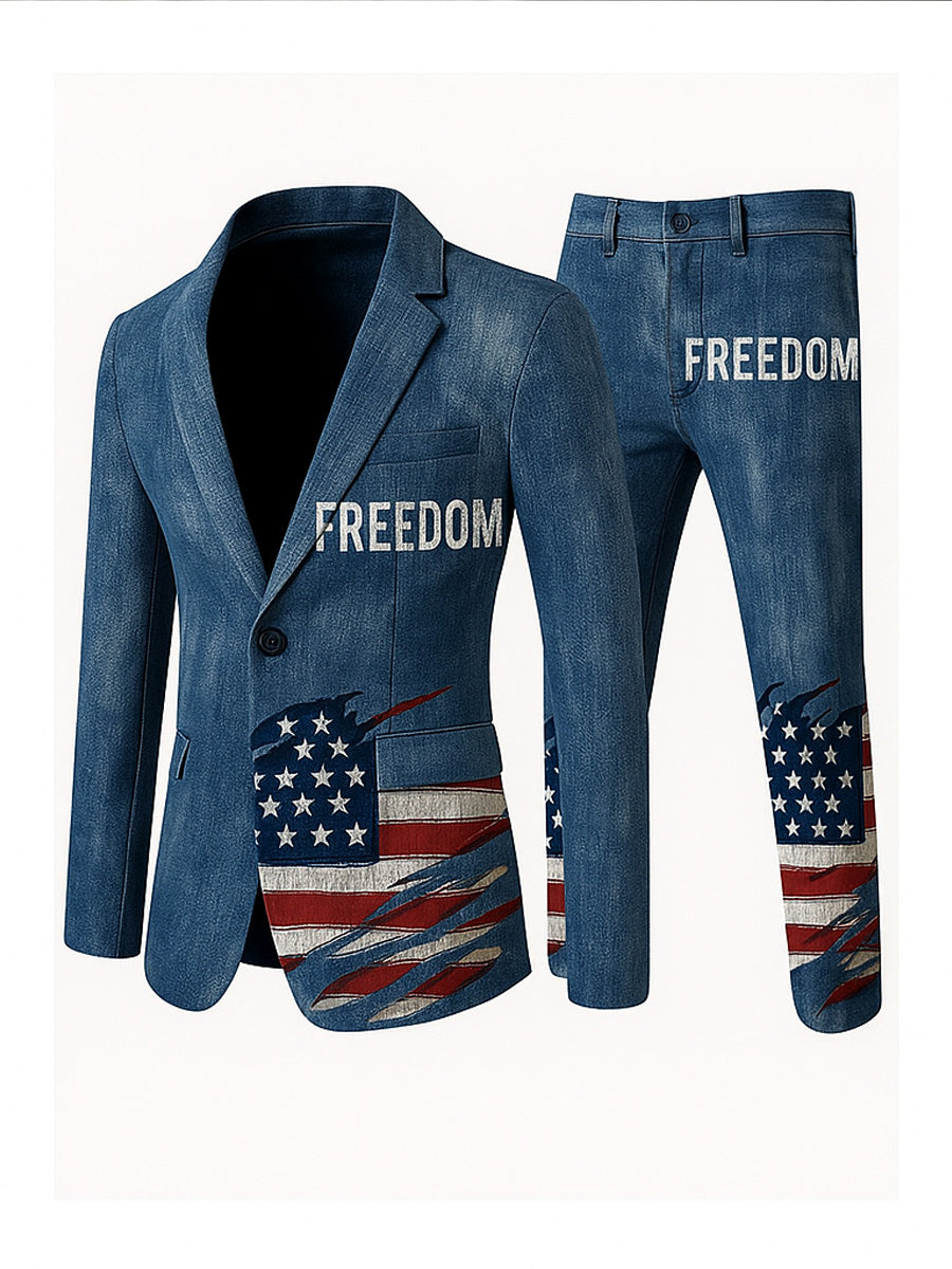 Men's Freedom American Flag Print Casual Jacket Trousers Two-Piece Suits